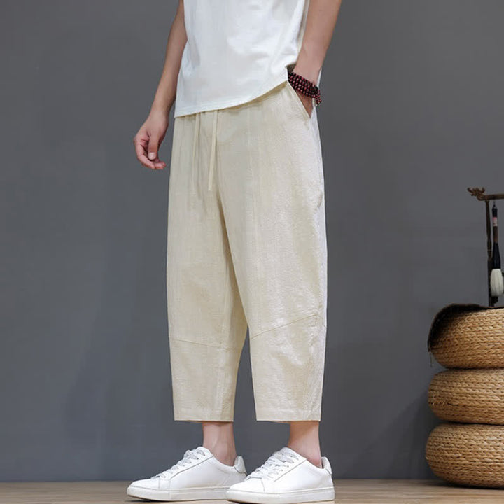 Buddha Stones Pantaloni capri da uomo in cotone e lino, casual, minimalisti, con coulisse, per primavera/estate, modello harem con tasca. - image 27