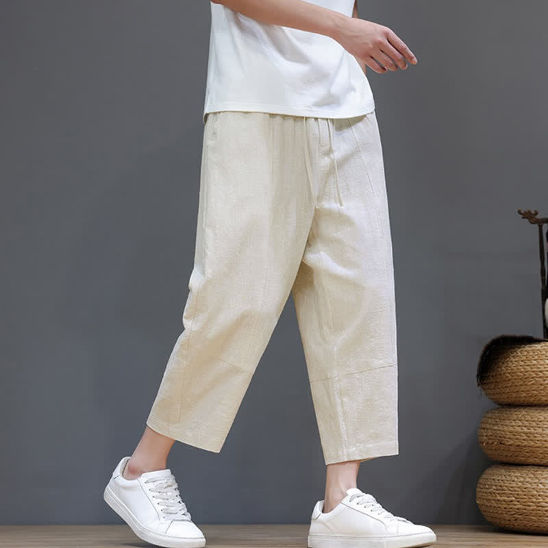 Buddha Stones Pantaloni capri da uomo in cotone e lino, casual, minimalisti, con coulisse, per primavera/estate, modello harem con tasca. - image 28