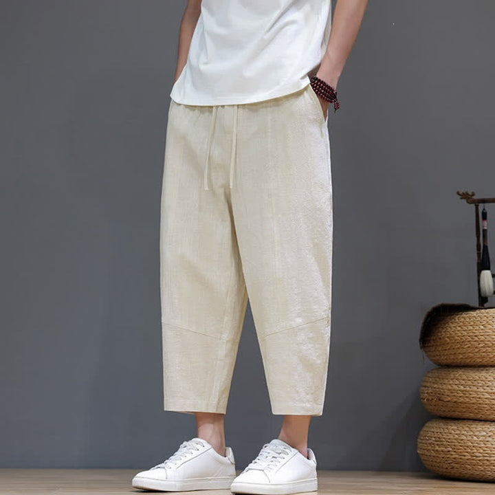 Buddha Stones Pantaloni capri da uomo in cotone e lino, casual, minimalisti, con coulisse, per primavera/estate, modello harem con tasca. - image 31