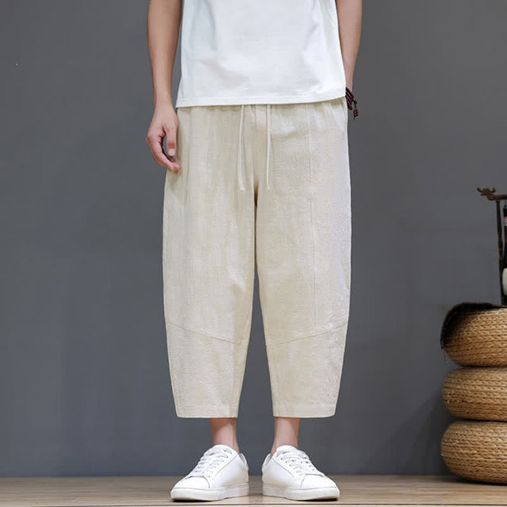Buddha Stones Pantaloni capri da uomo in cotone e lino, casual, minimalisti, con coulisse, per primavera/estate, modello harem con tasca. - Bianco - US/UK/AU46, EU56 (5XL) - image 25