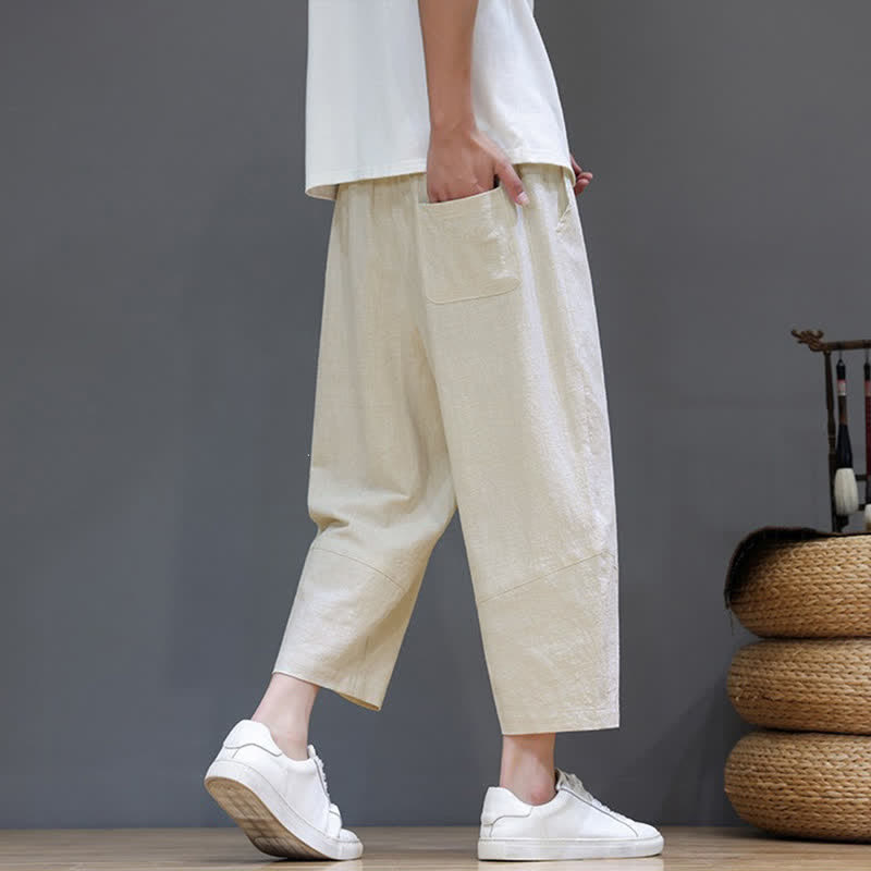 Buddha Stones Pantaloni capri da uomo in cotone e lino, casual, minimalisti, con coulisse, per primavera/estate, modello harem con tasca. - image 29