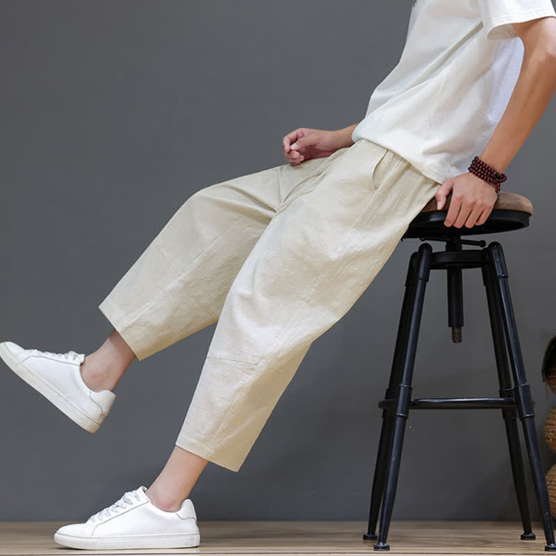 Buddha Stones Pantaloni capri da uomo in cotone e lino, casual, minimalisti, con coulisse, per primavera/estate, modello harem con tasca. - image 32