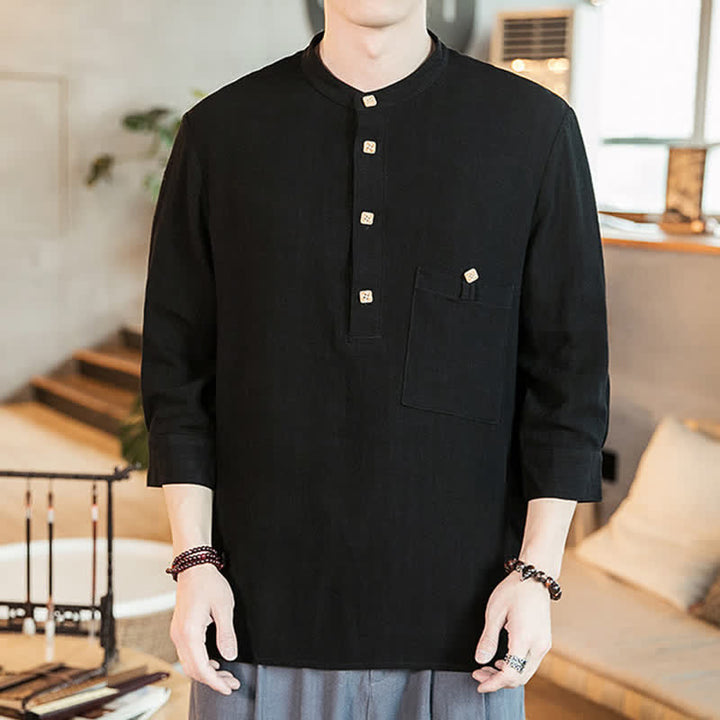 Buddha Stones Camicia da uomo a maniche lunghe, stile Tang, casual, primavera/estate, con colletto alla coreana e taschino applicato, tinta unita. - Nero - US/UK/AU46, EU56 (5XL) - image 6
