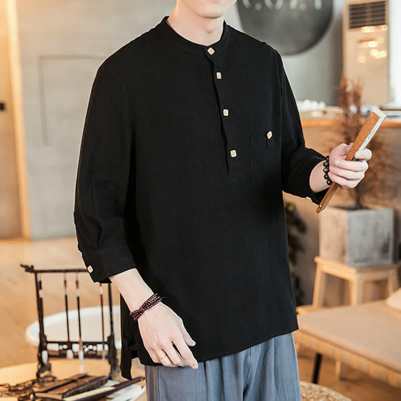 Buddha Stones Camicia da uomo a maniche lunghe, stile Tang, casual, primavera/estate, con colletto alla coreana e taschino applicato, tinta unita. - image 11