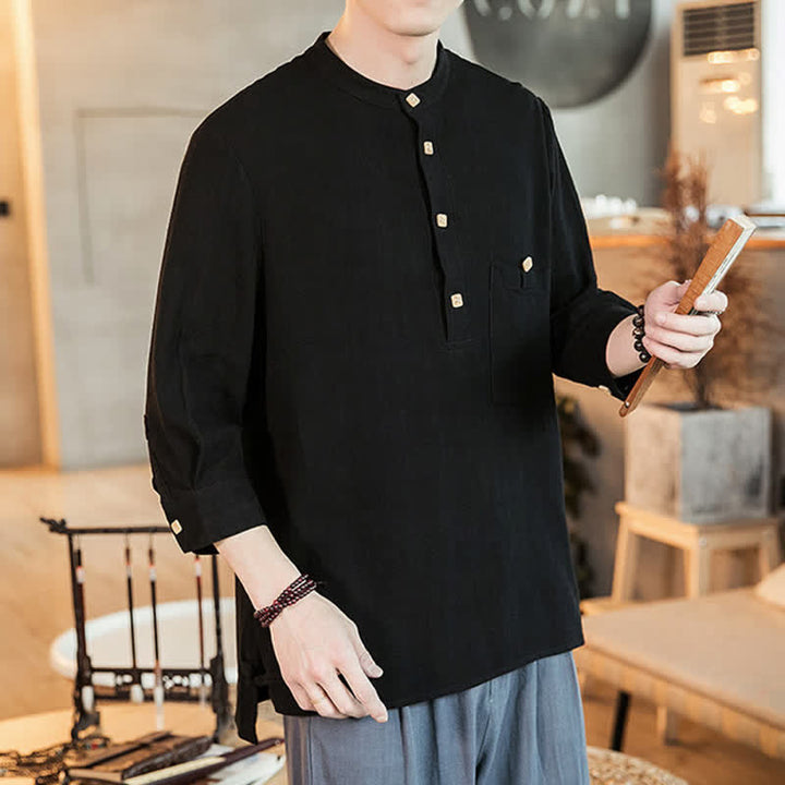 Buddha Stones Camicia da uomo a maniche lunghe, stile Tang, casual, primavera/estate, con colletto alla coreana e taschino applicato, tinta unita. - image 11