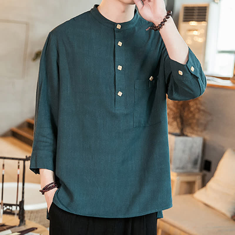 Buddha Stones Camicia da uomo a maniche lunghe, stile Tang, casual, primavera/estate, con colletto alla coreana e taschino applicato, tinta unita. - image 1