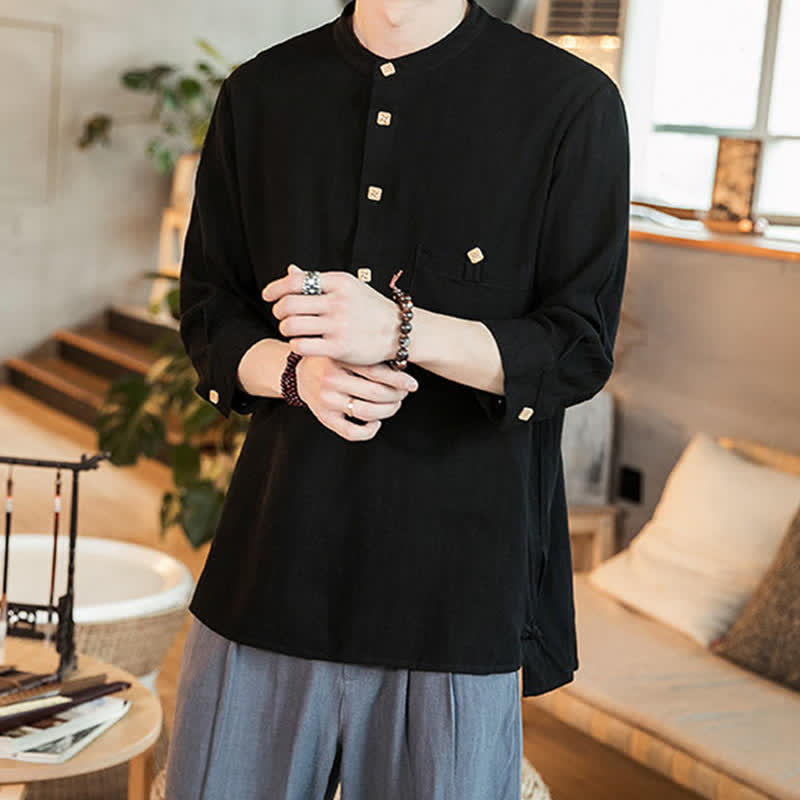 Buddha Stones Camicia da uomo a maniche lunghe, stile Tang, casual, primavera/estate, con colletto alla coreana e taschino applicato, tinta unita. - image 7