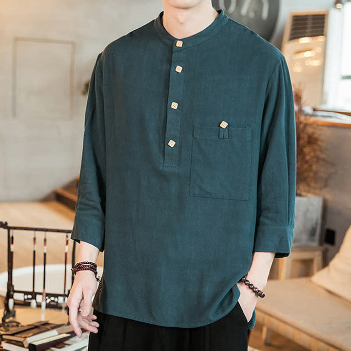 Buddha Stones Camicia da uomo a maniche lunghe, stile Tang, casual, primavera/estate, con colletto alla coreana e taschino applicato, tinta unita. - Grigio ardesia scuro - US/UK/AU46, EU56 (5XL) - image 0