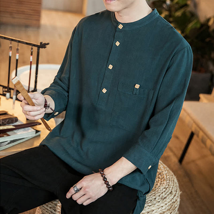 Buddha Stones Camicia da uomo a maniche lunghe, stile Tang, casual, primavera/estate, con colletto alla coreana e taschino applicato, tinta unita. - image 5