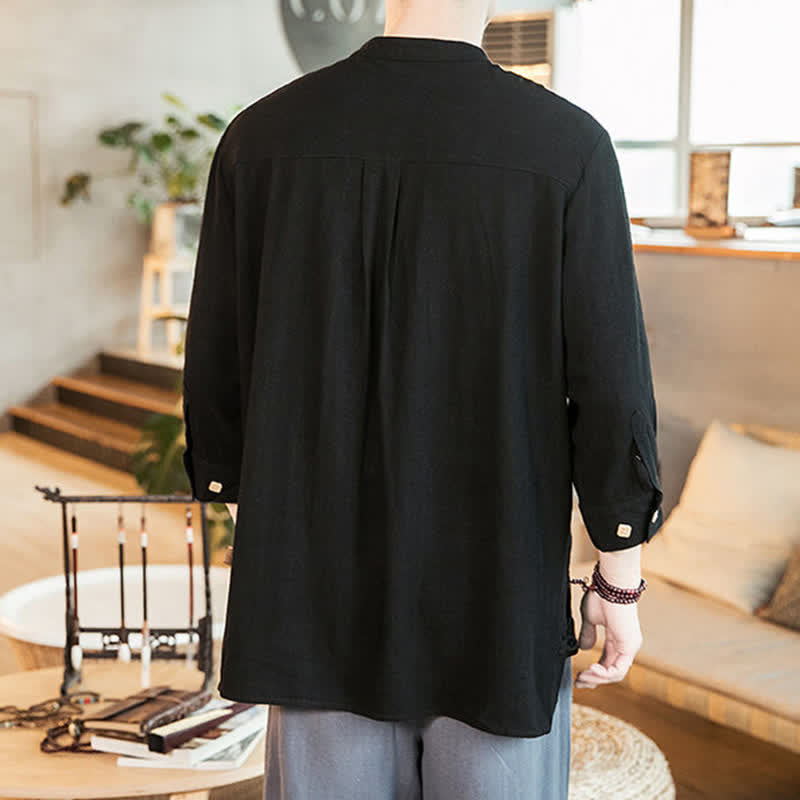 Buddha Stones Camicia da uomo a maniche lunghe, stile Tang, casual, primavera/estate, con colletto alla coreana e taschino applicato, tinta unita. - image 8