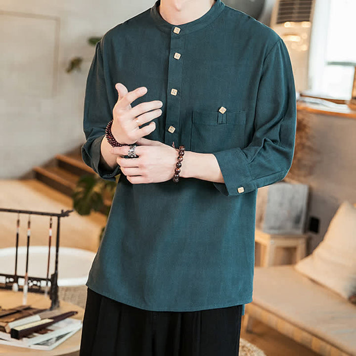 Buddha Stones Camicia da uomo a maniche lunghe, stile Tang, casual, primavera/estate, con colletto alla coreana e taschino applicato, tinta unita. - image 4