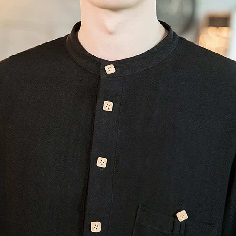 Buddha Stones Camicia da uomo a maniche lunghe, stile Tang, casual, primavera/estate, con colletto alla coreana e taschino applicato, tinta unita. - image 13