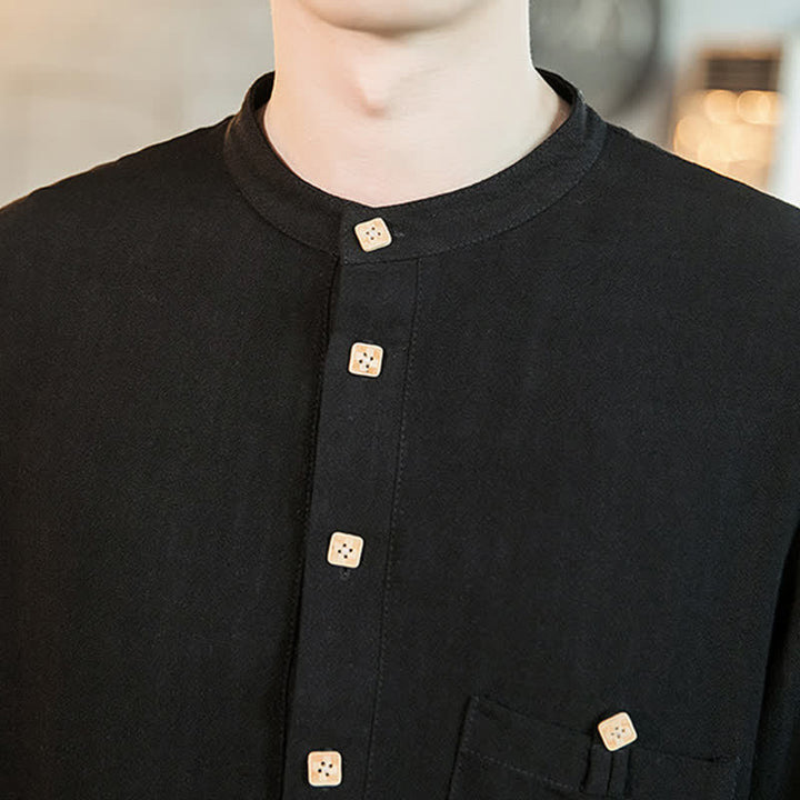 Buddha Stones Camicia da uomo a maniche lunghe, stile Tang, casual, primavera/estate, con colletto alla coreana e taschino applicato, tinta unita. - image 13