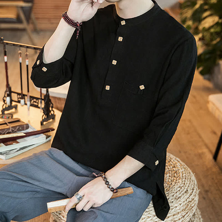 Buddha Stones Camicia da uomo a maniche lunghe, stile Tang, casual, primavera/estate, con colletto alla coreana e taschino applicato, tinta unita. - image 12