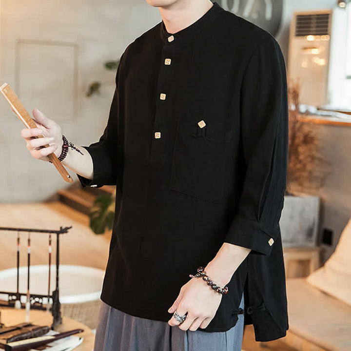 Buddha Stones Camicia da uomo a maniche lunghe, stile Tang, casual, primavera/estate, con colletto alla coreana e taschino applicato, tinta unita. - image 9