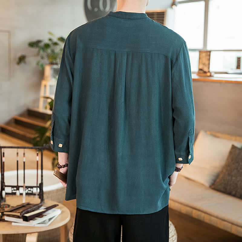 Buddha Stones Camicia da uomo a maniche lunghe, stile Tang, casual, primavera/estate, con colletto alla coreana e taschino applicato, tinta unita. - image 2