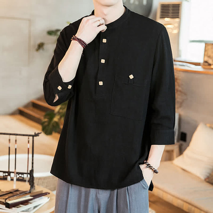 Buddha Stones Camicia da uomo a maniche lunghe, stile Tang, casual, primavera/estate, con colletto alla coreana e taschino applicato, tinta unita. - image 10