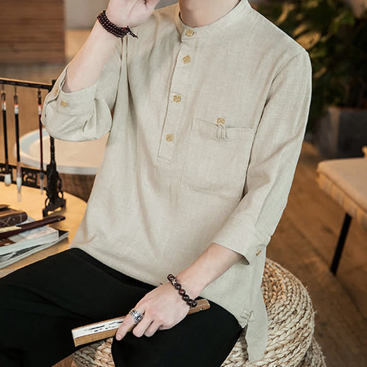 Buddha Stones Camicia da uomo a maniche lunghe, stile Tang, casual, primavera/estate, con colletto alla coreana e taschino applicato, tinta unita. - image 23