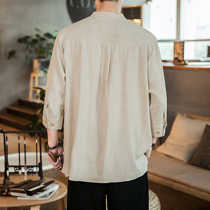 Buddha Stones Camicia da uomo a maniche lunghe, stile Tang, casual, primavera/estate, con colletto alla coreana e taschino applicato, tinta unita. - image 19