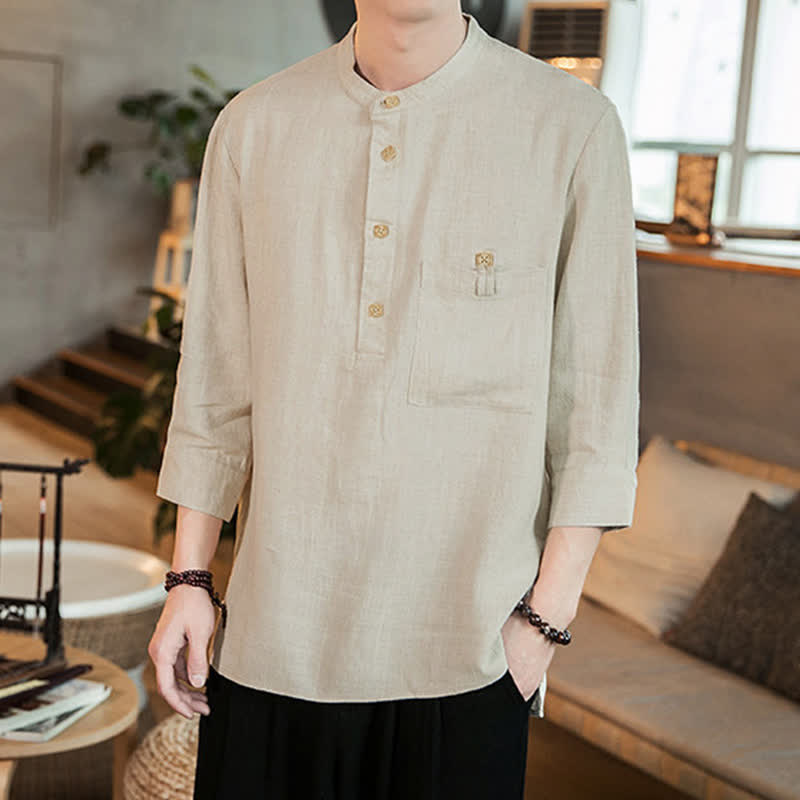 Buddha Stones Camicia da uomo a maniche lunghe, stile Tang, casual, primavera/estate, con colletto alla coreana e taschino applicato, tinta unita. - image 18