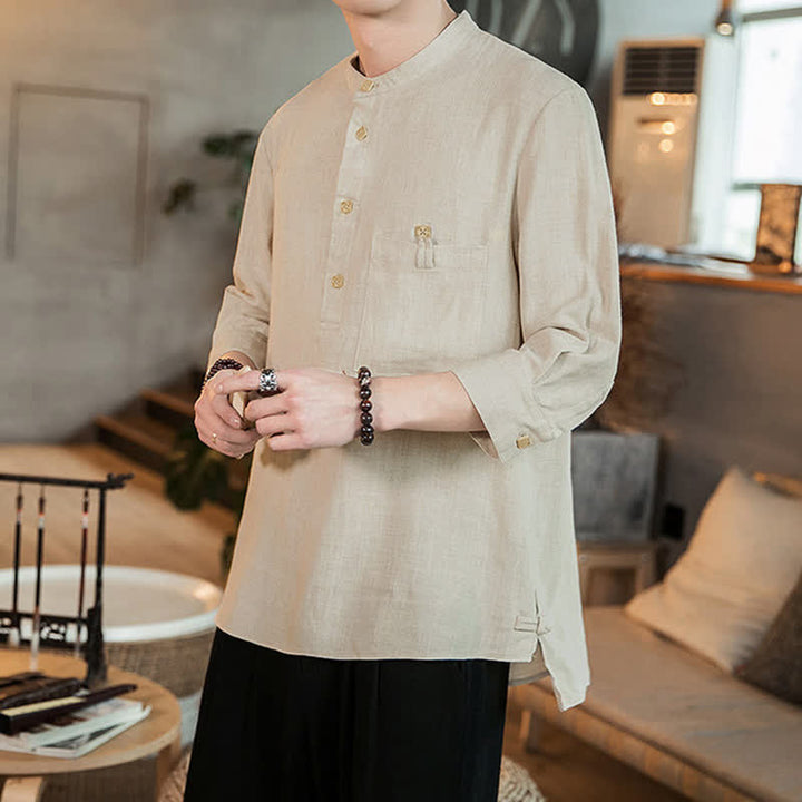 Buddha Stones Camicia da uomo a maniche lunghe, stile Tang, casual, primavera/estate, con colletto alla coreana e taschino applicato, tinta unita. - image 21