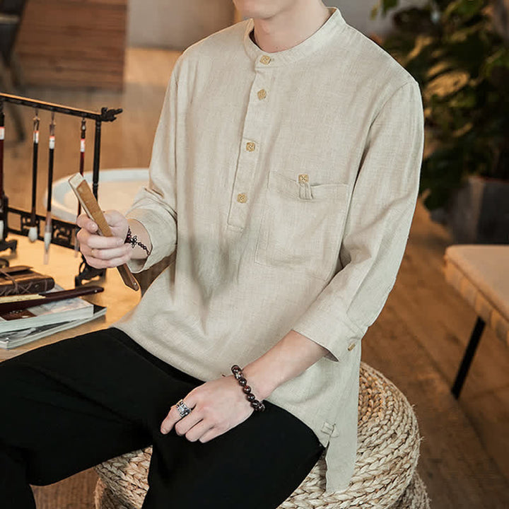 Buddha Stones Camicia da uomo a maniche lunghe, stile Tang, casual, primavera/estate, con colletto alla coreana e taschino applicato, tinta unita. - image 24