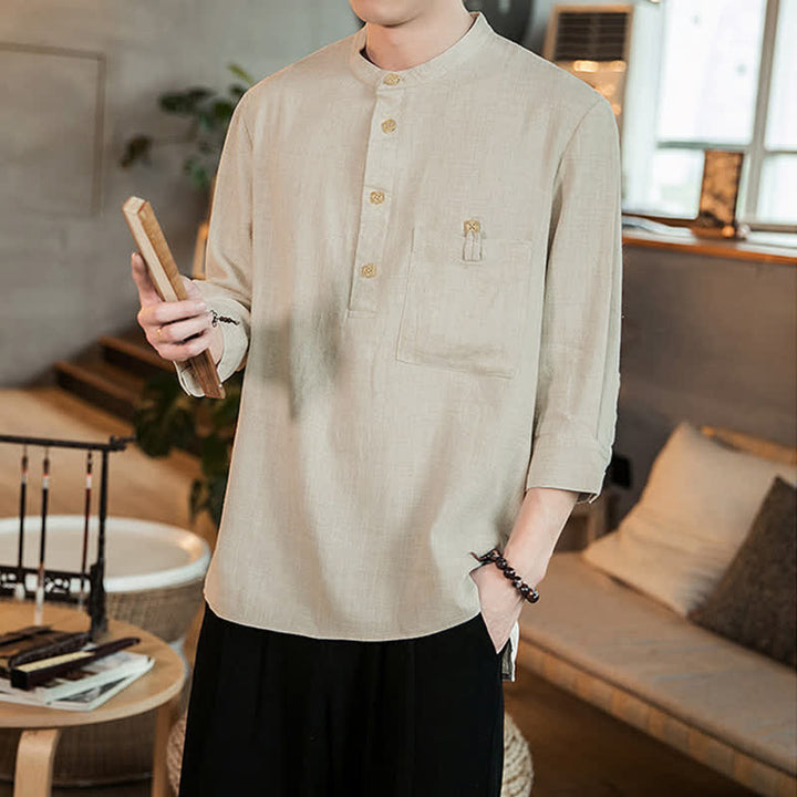 Buddha Stones Camicia da uomo a maniche lunghe, stile Tang, casual, primavera/estate, con colletto alla coreana e taschino applicato, tinta unita. - image 22