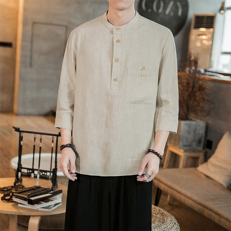 Buddha Stones Camicia da uomo a maniche lunghe, stile Tang, casual, primavera/estate, con colletto alla coreana e taschino applicato, tinta unita. - Grano - US/UK/AU46, EU56 (5XL) - image 17