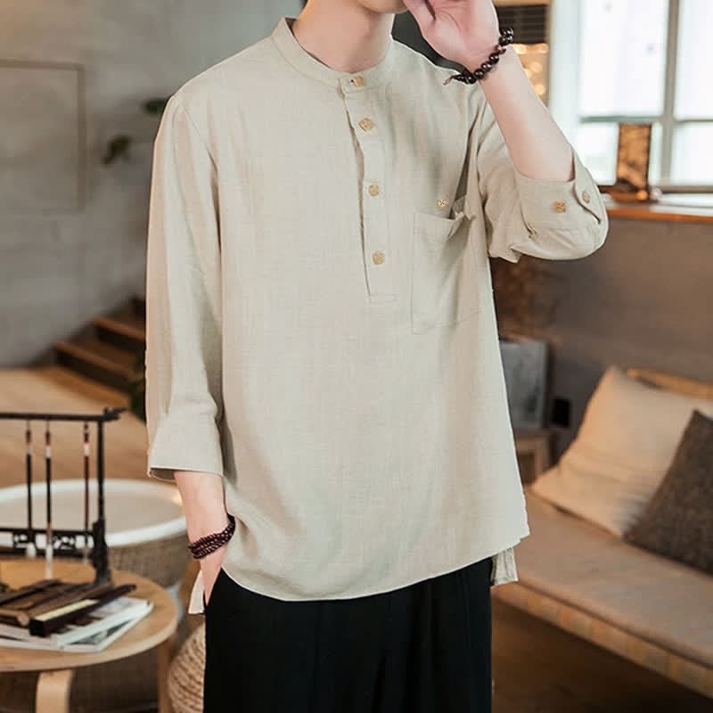 Buddha Stones Camicia da uomo a maniche lunghe, stile Tang, casual, primavera/estate, con colletto alla coreana e taschino applicato, tinta unita. - image 20