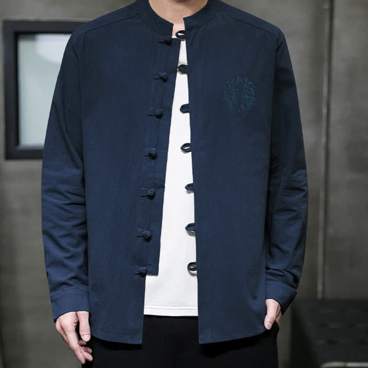 Buddha Stones Camicia da uomo a maniche lunghe, stile Tang, casual, con bottoni a rana, ricamo, tinta unita, per primavera/autunno. - Blu notte - US/UK/AU46, EU56 (5XL) - image 15