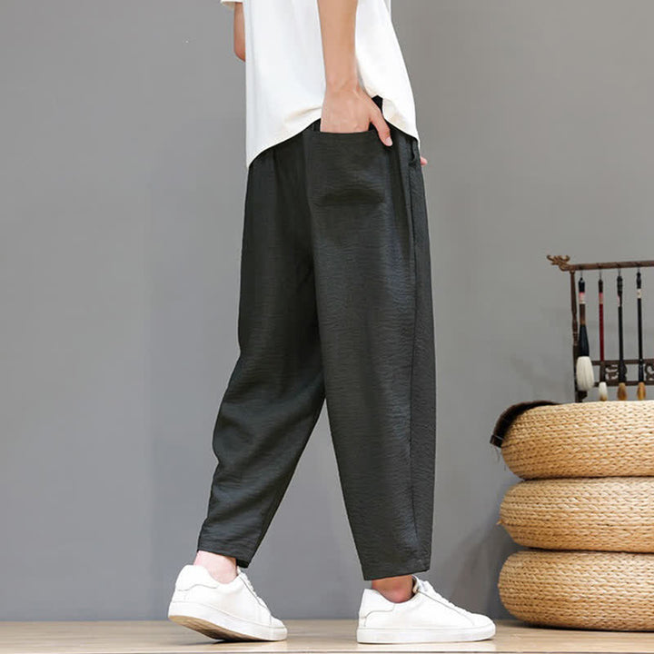 Buddha Stones Pantaloni harem da uomo, casual, minimalisti, con coulisse, tinta unita, corti, per primavera/estate, con tasca. - image 4