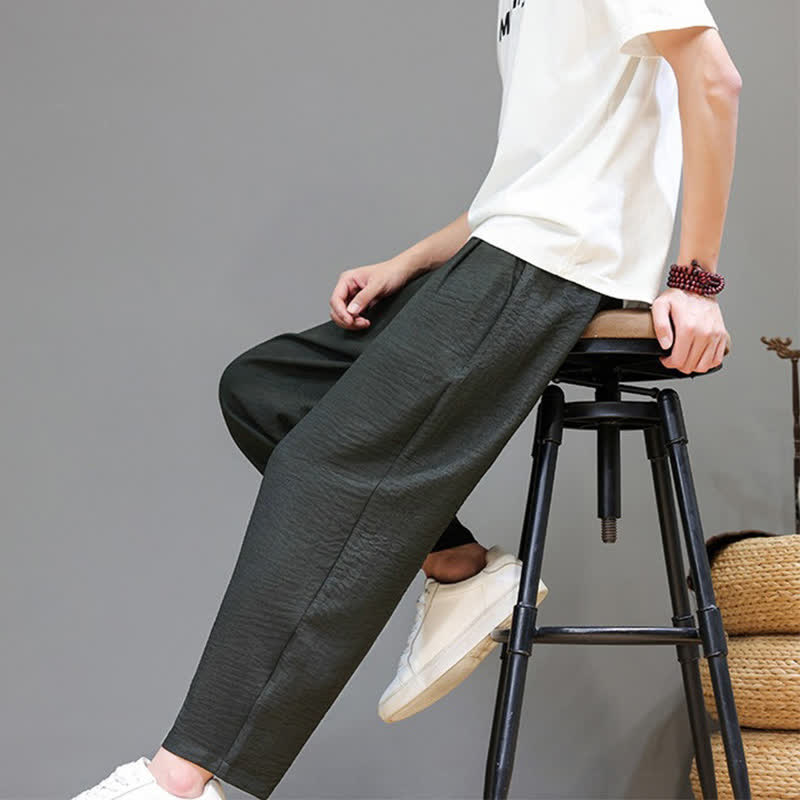 Buddha Stones Pantaloni harem da uomo, casual, minimalisti, con coulisse, tinta unita, corti, per primavera/estate, con tasca. - image 7