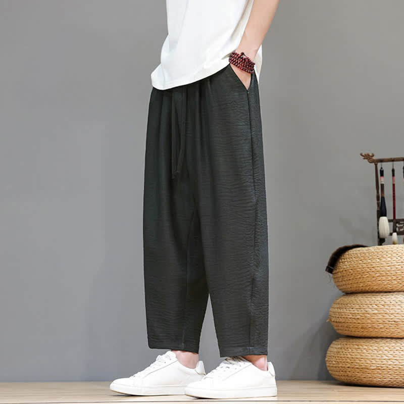 Buddha Stones Pantaloni harem da uomo, casual, minimalisti, con coulisse, tinta unita, corti, per primavera/estate, con tasca. - image 3