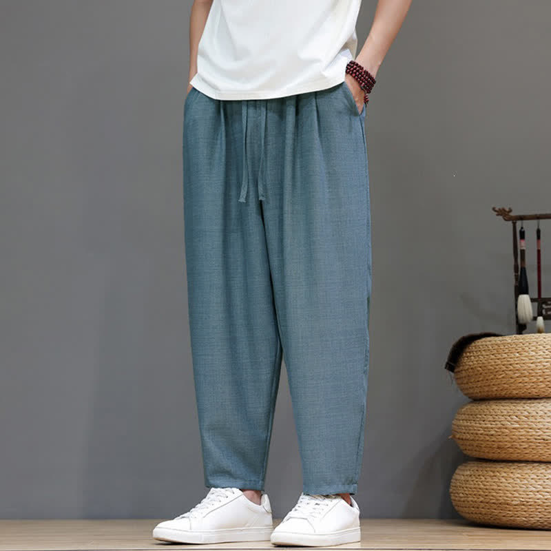 Buddha Stones Pantaloni harem da uomo, casual, minimalisti, con coulisse, tinta unita, corti, per primavera/estate, con tasca. - image 10