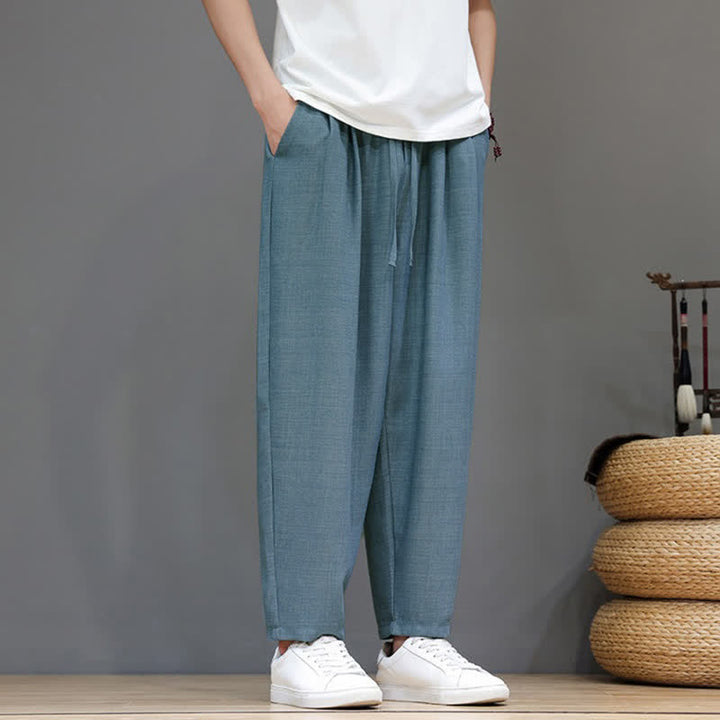 Buddha Stones Pantaloni harem da uomo, casual, minimalisti, con coulisse, tinta unita, corti, per primavera/estate, con tasca. - image 9
