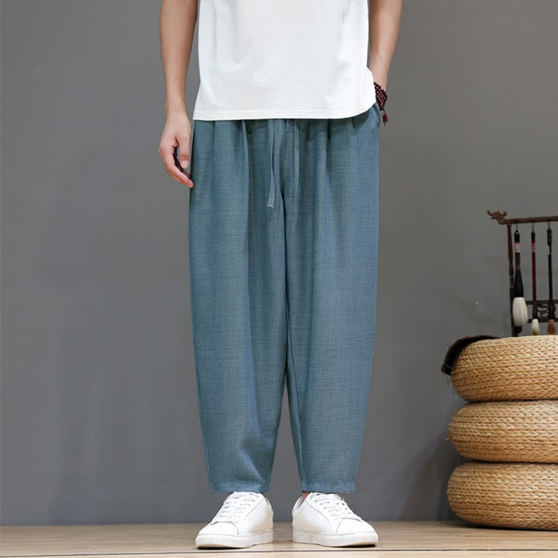 Buddha Stones Pantaloni harem da uomo, casual, minimalisti, con coulisse, tinta unita, corti, per primavera/estate, con tasca. - Azzurro polvere - US/UK/AU46, EU56 (5XL) - image 8
