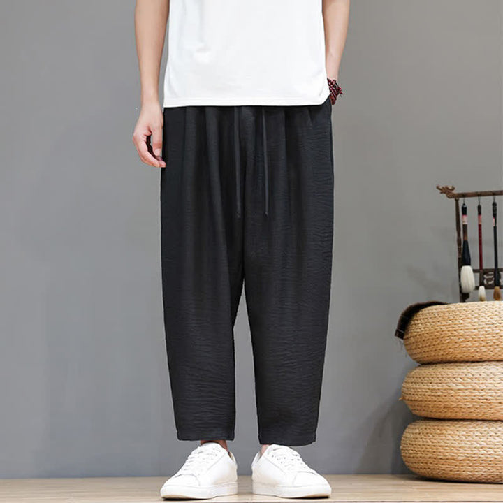 Buddha Stones Pantaloni harem da uomo, casual, minimalisti, con coulisse, tinta unita, corti, per primavera/estate, con tasca. - Nero - US/UK/AU46, EU56 (5XL) - image 16