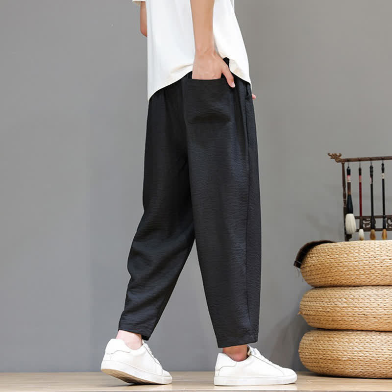 Buddha Stones Pantaloni harem da uomo, casual, minimalisti, con coulisse, tinta unita, corti, per primavera/estate, con tasca. - image 19