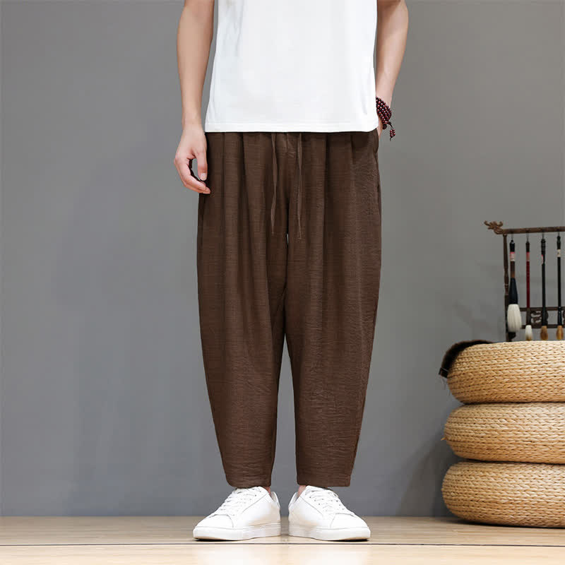 Buddha Stones Pantaloni harem da uomo, casual, minimalisti, con coulisse, tinta unita, corti, per primavera/estate, con tasca. - Marrone sella - US/UK/AU46, EU56 (5XL) - image 24