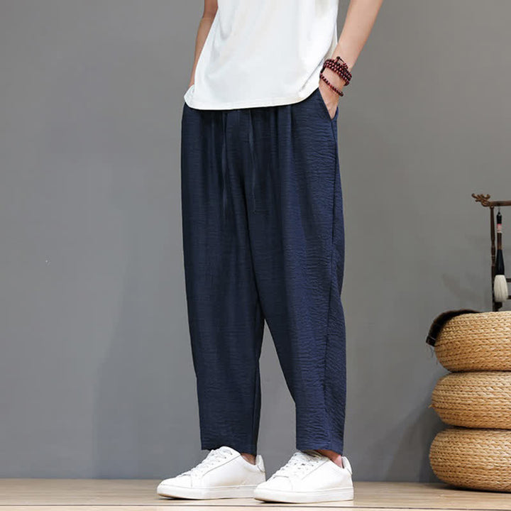 Buddha Stones Pantaloni harem da uomo, casual, minimalisti, con coulisse, tinta unita, corti, per primavera/estate, con tasca. - Marina - US/UK/AU46, EU56 (5XL) - image 32