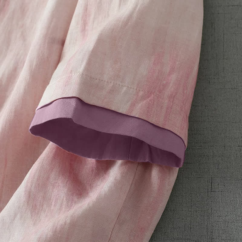 Buddha Stones Camicie da donna a maniche a tre quarti, stile retrò Tang, con coulisse, rosa chiaro tie-dye, primavera/autunno. - image 4