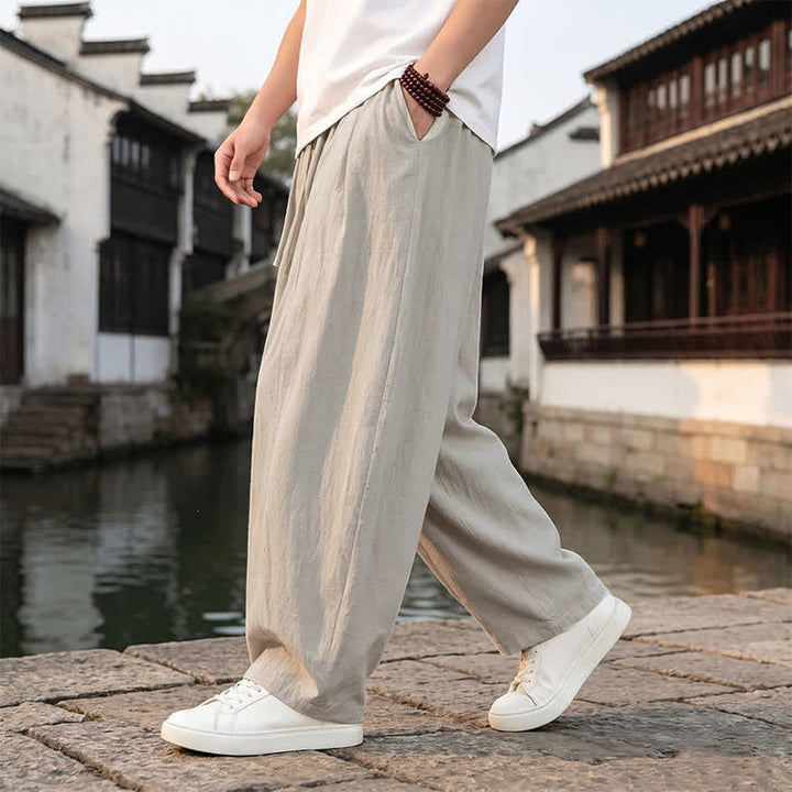 Buddha Stones Pantaloni da uomo a gamba dritta con coulisse, stile retrò, per primavera/estate, modello semplice, con tasca. - image 9