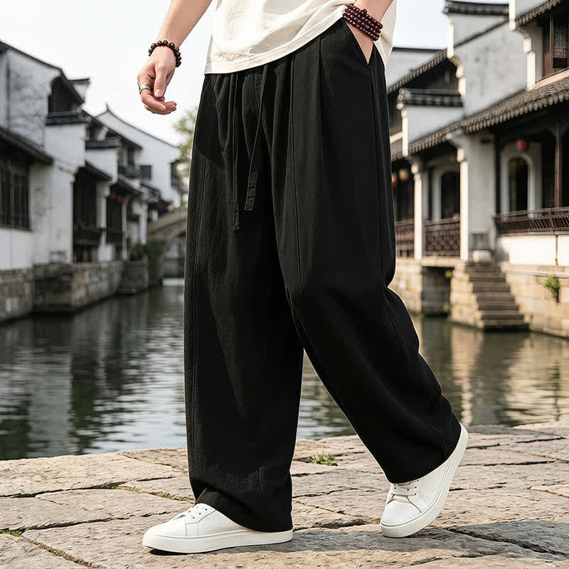 Buddha Stones Pantaloni da uomo a gamba dritta con coulisse, stile retrò, per primavera/estate, modello semplice, con tasca. - image 5