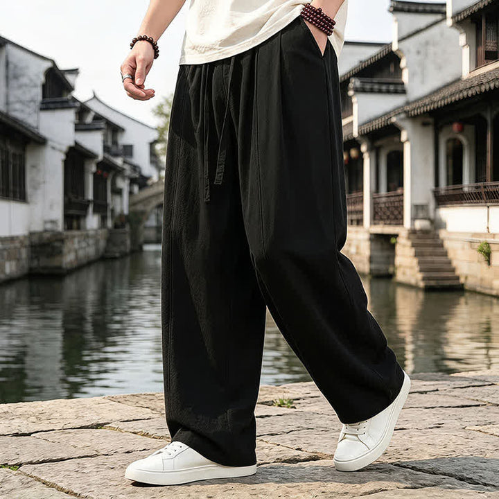 Buddha Stones Pantaloni da uomo a gamba dritta con coulisse, stile retrò, per primavera/estate, modello semplice, con tasca. - image 5