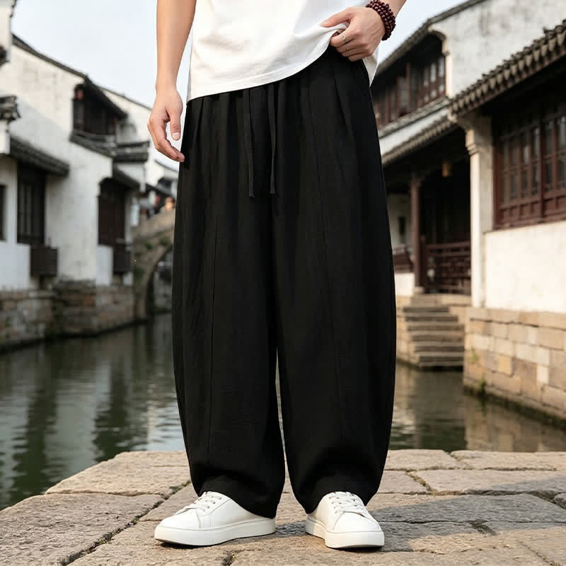 Buddha Stones Pantaloni da uomo a gamba dritta con coulisse, stile retrò, per primavera/estate, modello semplice, con tasca. - Nero - US/UK/AU46, EU56 (5XL) - image 3