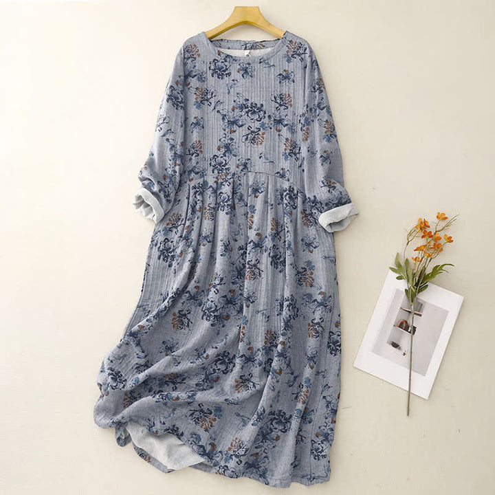 Buddha Stones Abito da donna a maniche lunghe, stile boho, con coulisse, scollo rotondo e stampa floreale, ideale per primavera e autunno, con tasche. - Blu acciaio chiaro - US14, UK/AU18, EU46 (2XL) - image 10