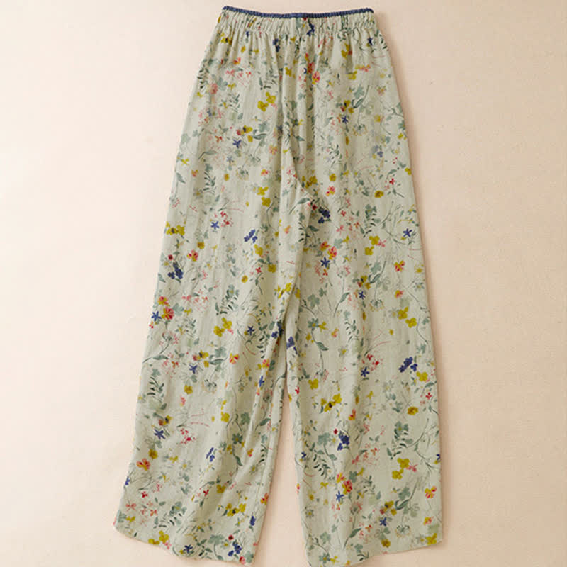 Buddha Stones Pantaloni lunghi da donna a gamba larga con coulisse, stile boho, casual, primavera/estate, con stampa floreale e tasche. - image 1