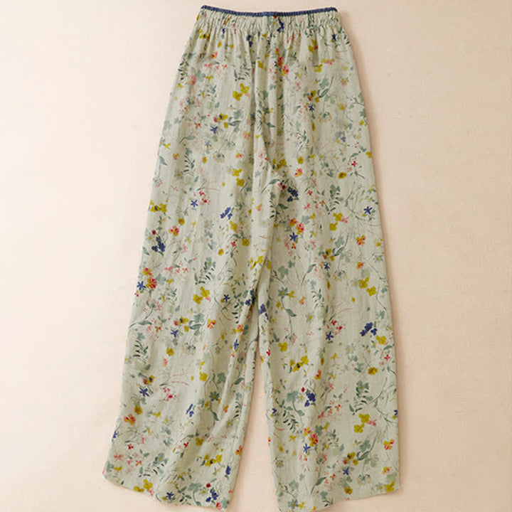 Buddha Stones Pantaloni lunghi da donna a gamba larga con coulisse, stile boho, casual, primavera/estate, con stampa floreale e tasche. - image 1