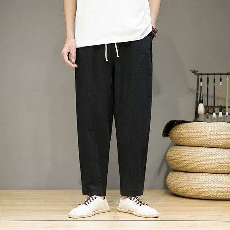 Buddha Stones Pantaloni corti da uomo a tinta unita, casual, minimalisti, con coulisse, per primavera/estate, modello affusolato con tasche. - Nero - US/UK/AU46, EU56 (5XL) - image 7