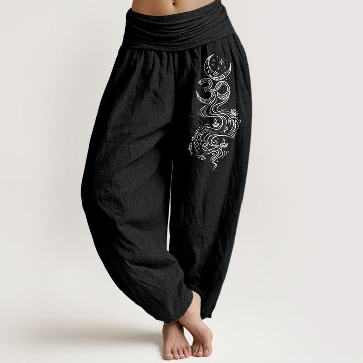 Buddha Stones Pantaloni harem da donna in puro cotone con motivo Om della Luna Sacra e elastico in vita. - Nero - US16, UK/AU20, EU48 (3XL) - image 5